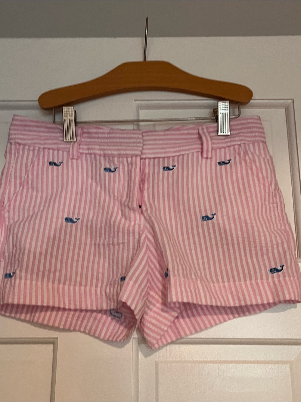 Vineyard Vines Pink & White Striped Seersucker Shorts with Blue Whale Embroidery